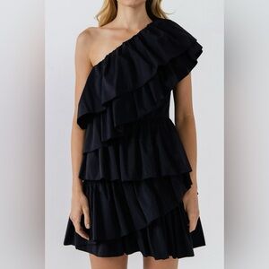 Endless Rose Black One-Shoulder Tiered Ruffle Dress